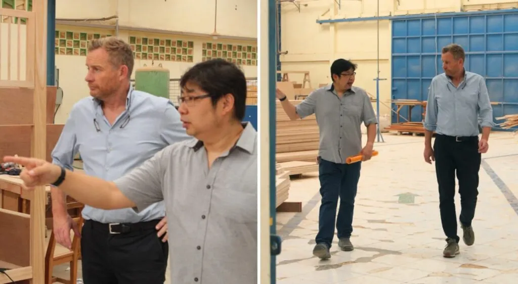 Clients visiting Mebel International furniture manufacturer workshop production floor