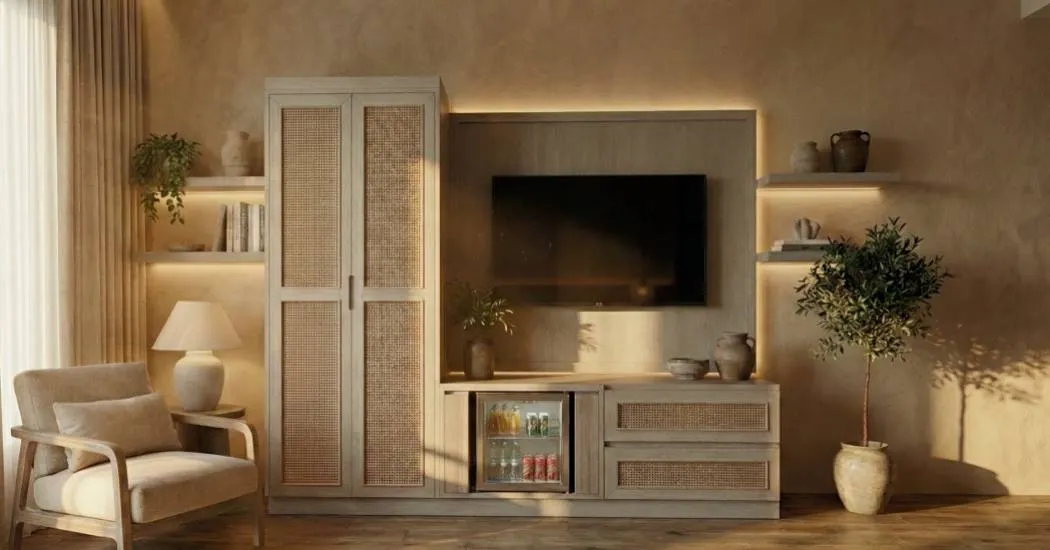 Rattan cabinet living room setup by furniture manufacturer Mebel International