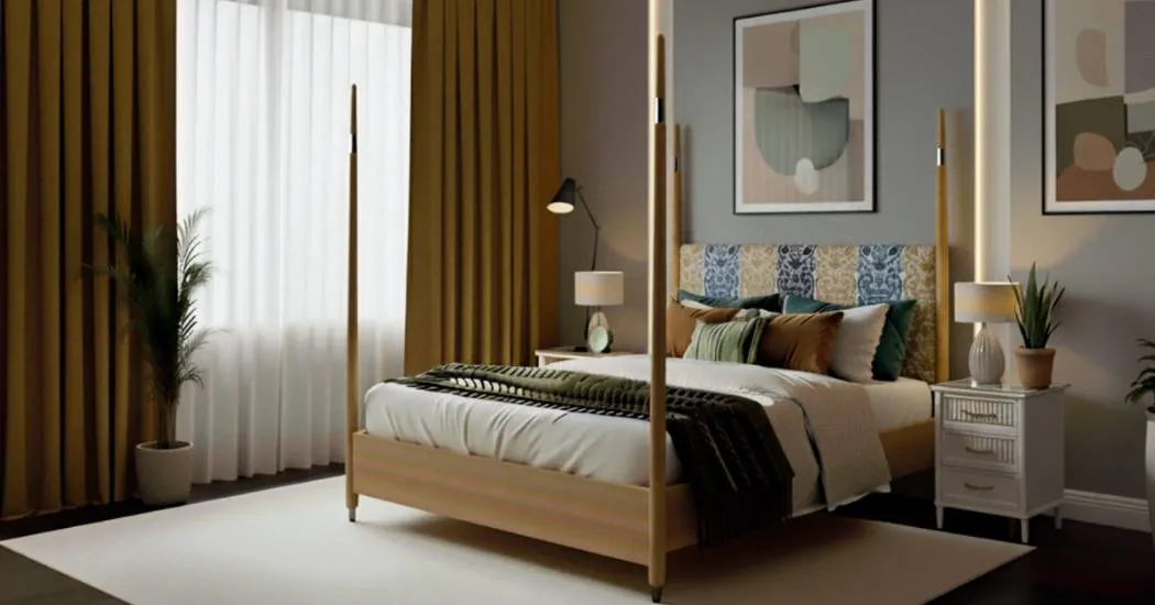 Modern four poster bed interior by furniture manufacturer Mebel International