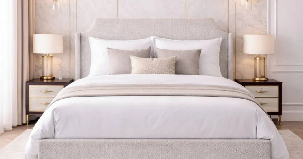 Upholstered bed with nightstands by furniture manufacturer Mebel International