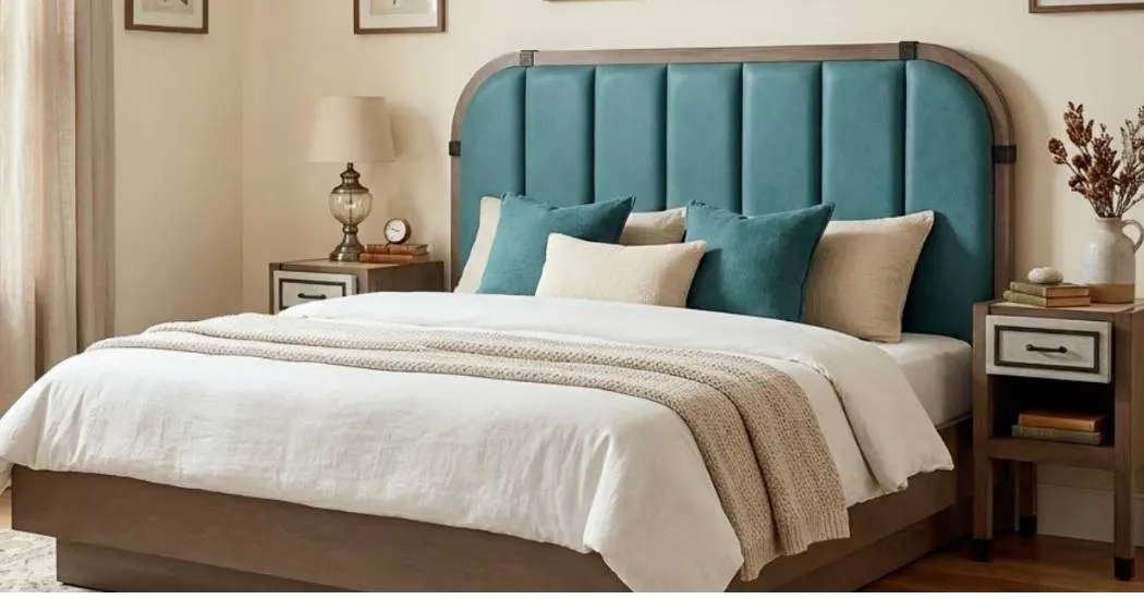 Upholstered teal headboard bed by furniture manufacturer Mebel International