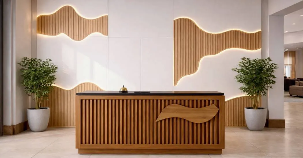 Wooden reception desk interior by furniture manufacturer Mebel International