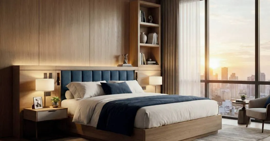Upholstered hotel bed with wood panels by furniture manufacturer Mebel International
