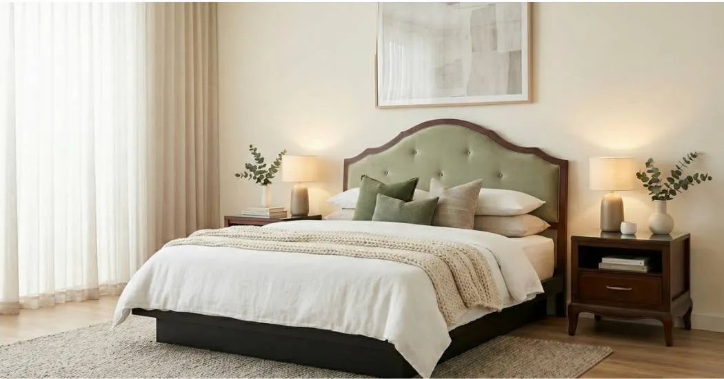 Upholstered green headboard bed by furniture manufacturer Mebel International