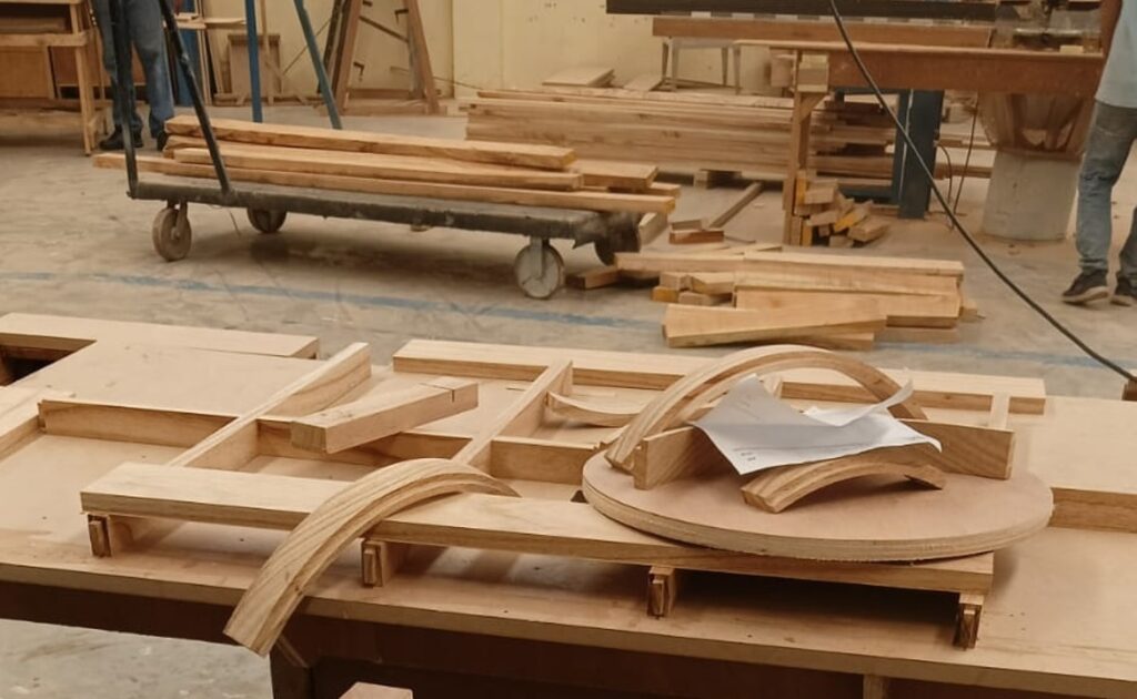 Wooden furniture components prepared in Mebel International furniture manufacturer workshop