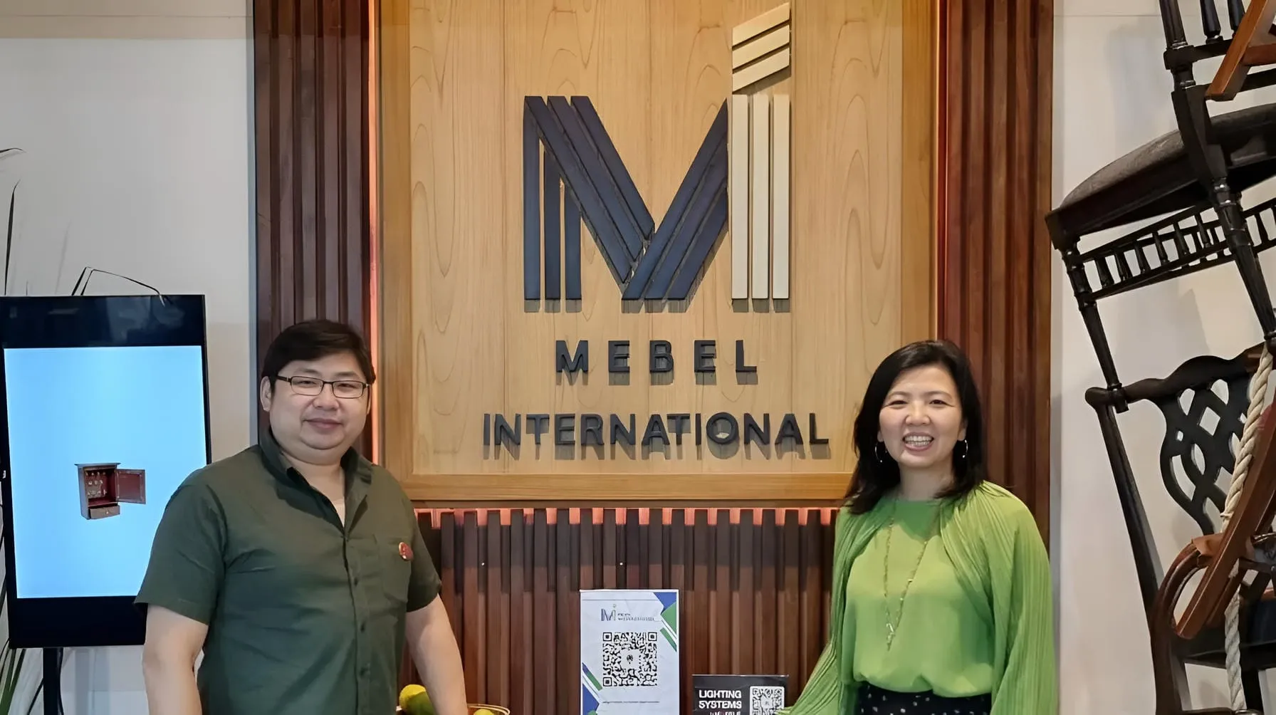 Visitors at Mebel International furniture manufacturer showroom reception